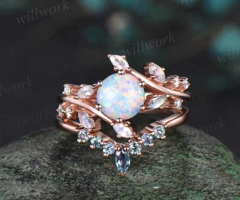 Round white opal engagement ring 14k rose gold twisted art deco cluster moonstone alexandrite bridal wedding ring set women