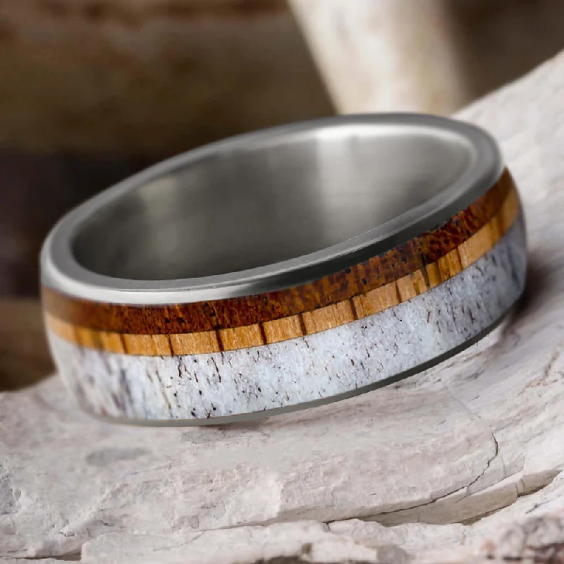 Two Tone Wood And Deer Antler Men's Wedding Band