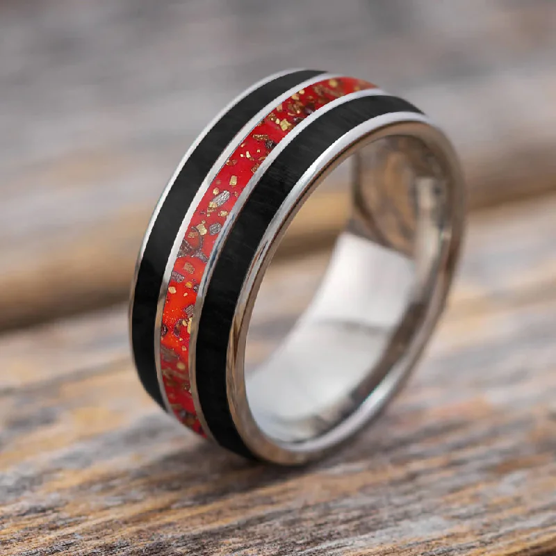 Red and Black Men's Wedding Band with Stardust™ & Jade