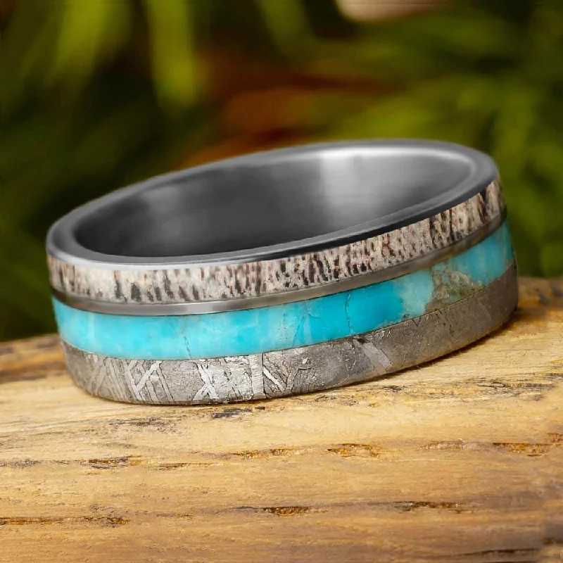 Meteorite Wedding Band With Turquoise & Deer Antler