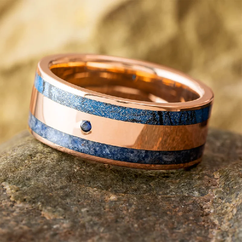 Rose Gold Wedding Band for Men with Sapphire and Mokume