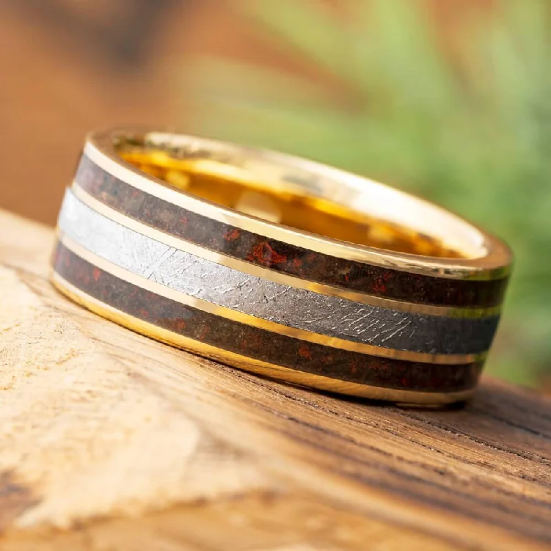 Gold Men's Wedding Band With Meteorite & Dinosaur Bone