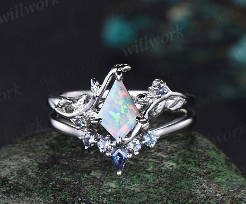 Vintage kite cut Opal engagement ring set 14k white gold kite Alexandrite band dainty opal ring unique bridal wedding ring set women