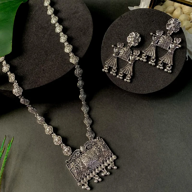 Etnico Ethnic Silver Oxidised Long Necklace Jewellery With Drop Earrings Set For Women/Girls (MC170OX)