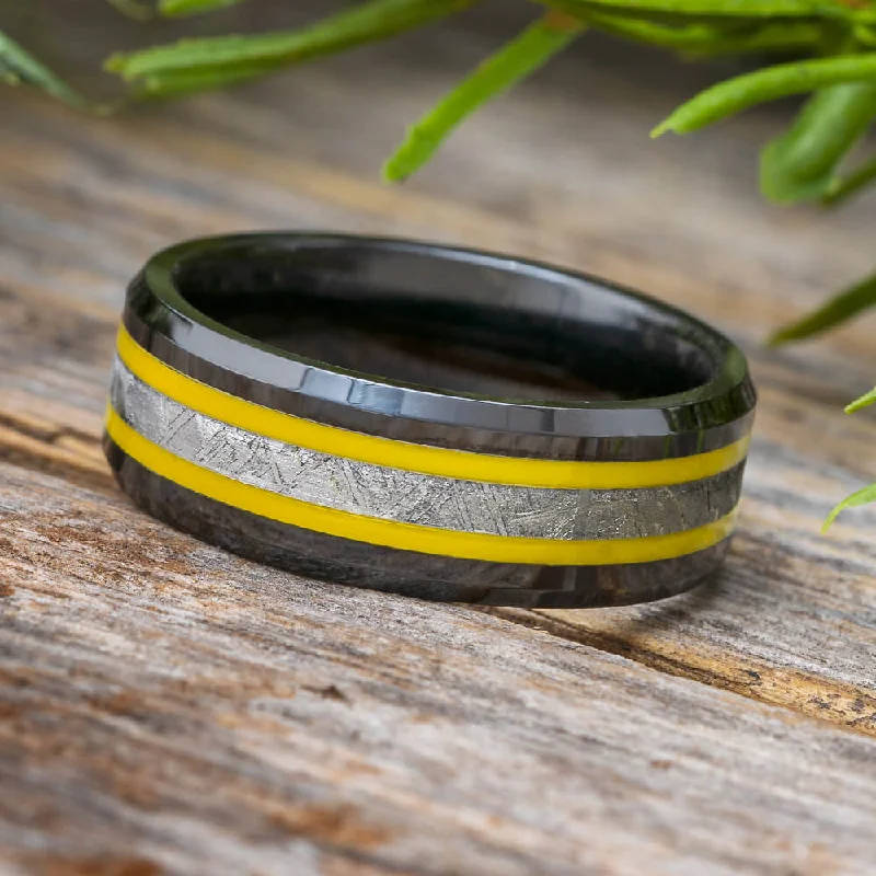 Black & Yellow Ring With Genuine Meteorite